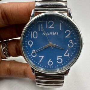 3/$30 Narmi Watch Women Silver Tone Blue Dial Large Numberals Stretch Band